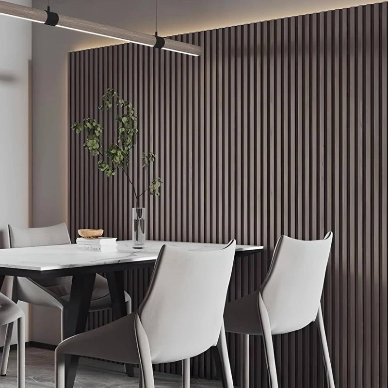 Textured walnut fluted wall panels in a dining room