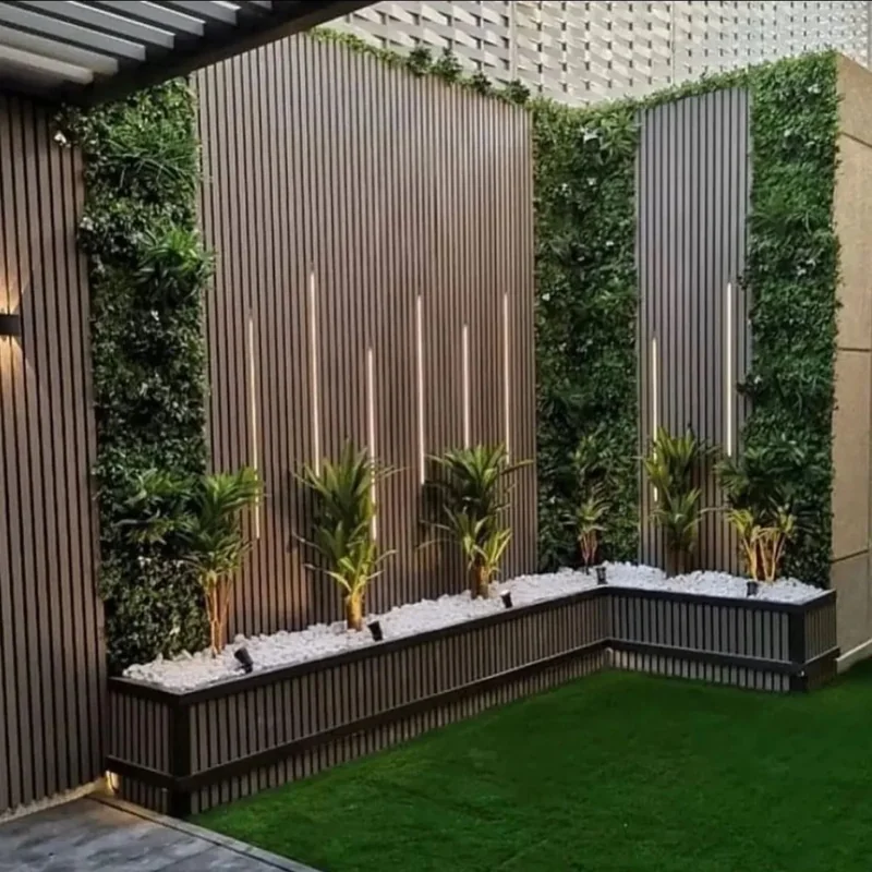 Vertical wood slats with integrated LED strip lighting